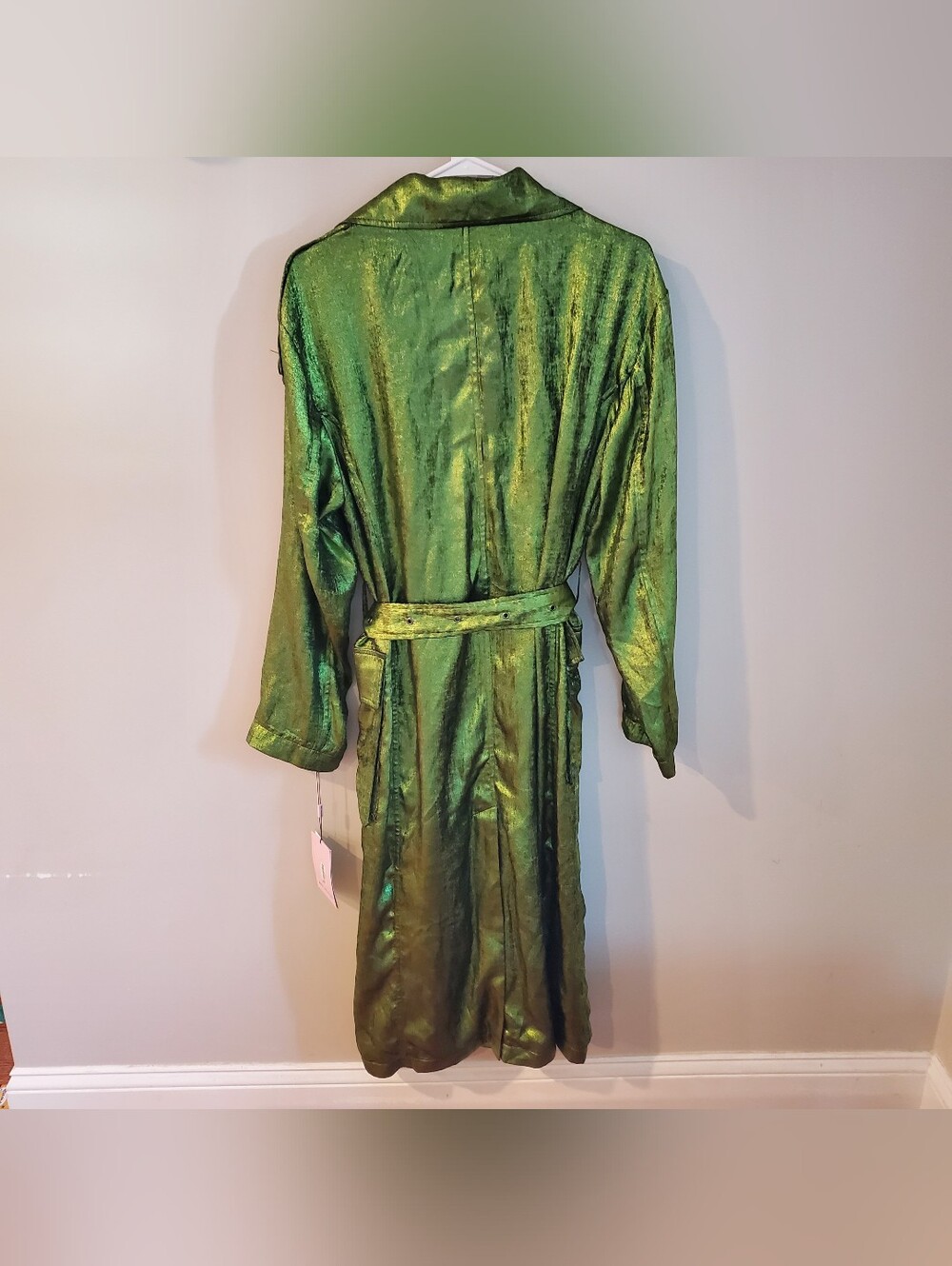 Avec Les Filles Green Metallic Shimmer Shiny Trench Coat Belted Size L - Picture 7 of 10